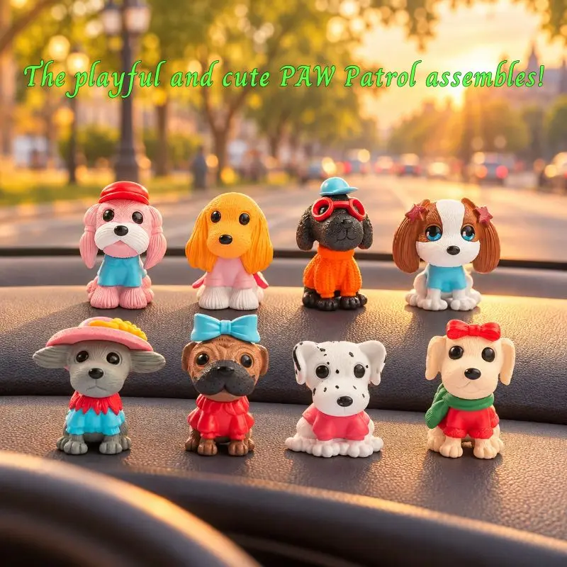Cute Little Dog Car Dashboard Decoration Set Resin Puppy Figurines with 8 Different Outfits And Accessories for Car Interior