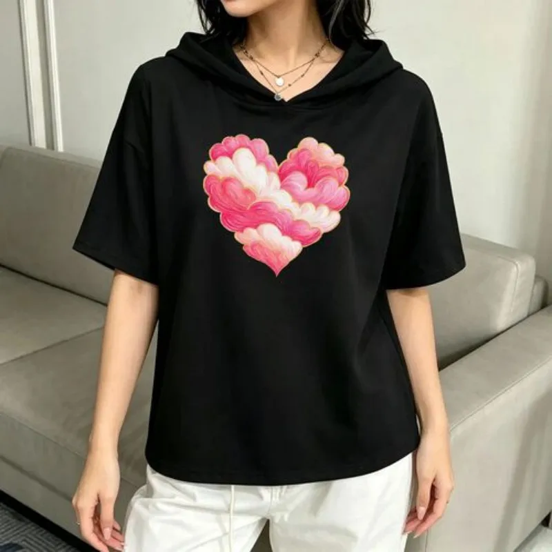 Gold Outline Layered Pink Heart Colored Pencil Texture Graphic Harajuku Short Sleeve  Hooded Tee, Girlfriend Gift, For Going Out