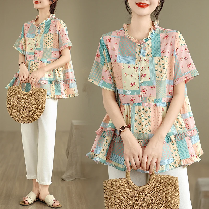

Summer New plus Size Women's T-shirt Cotton Linen Short Sleeve Overhead Print Base Shirt Cover Belly Artistic Loose Fit Breat...