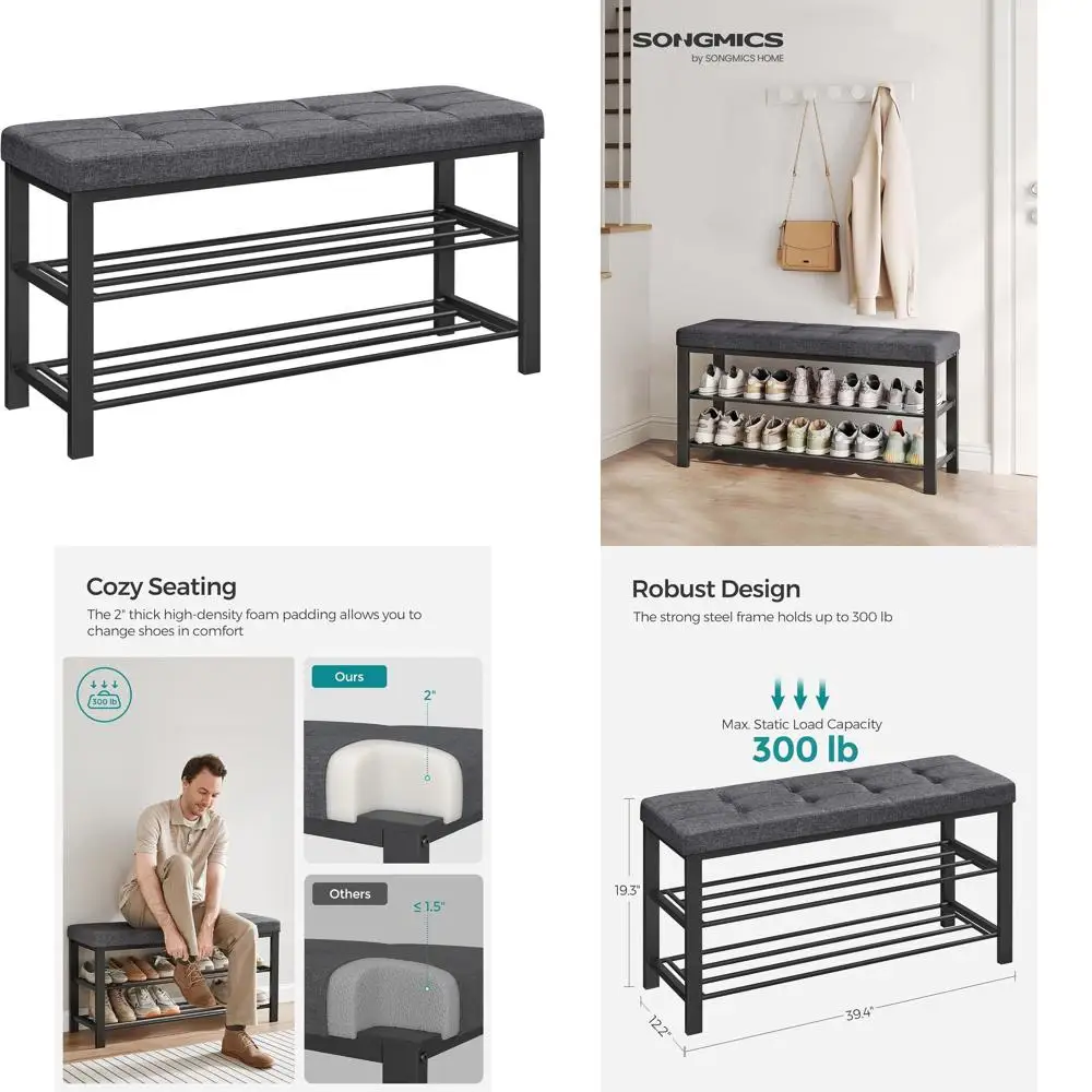 

Modern Entryway Storage Bench with Cushion, Space-Saving Shoe Rack, Gray and Black, Ideal for Living Room, Bedroom, or Hallway