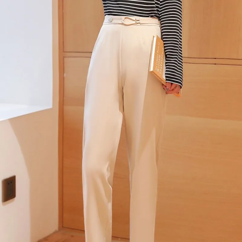 Spring and Autumn Women's Solid Zipper High Waist Classic Halun Pants Button Commuter Slim Fashion Casual All-match Trousers