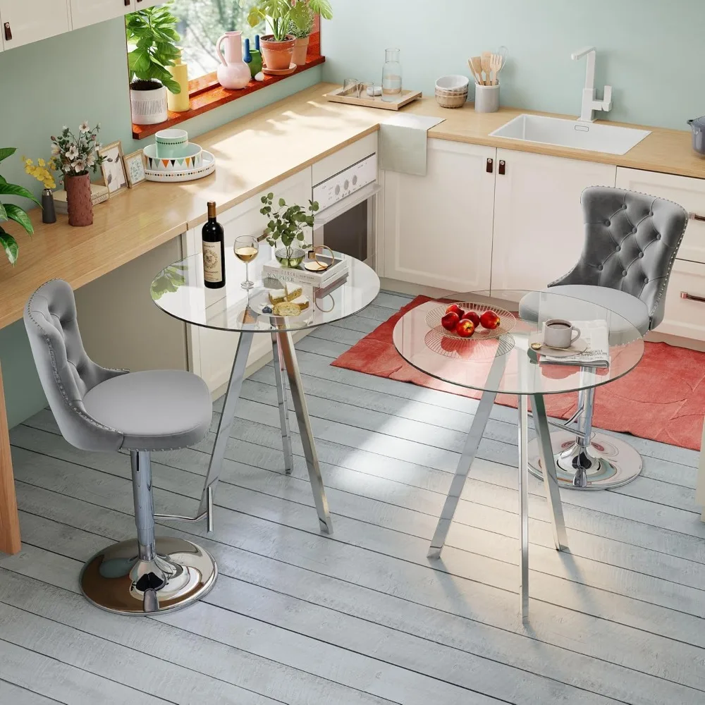 Round Bar Table, 37.4 Inches High; 31-inch Cocktail Table; Metal Base with Glass Top