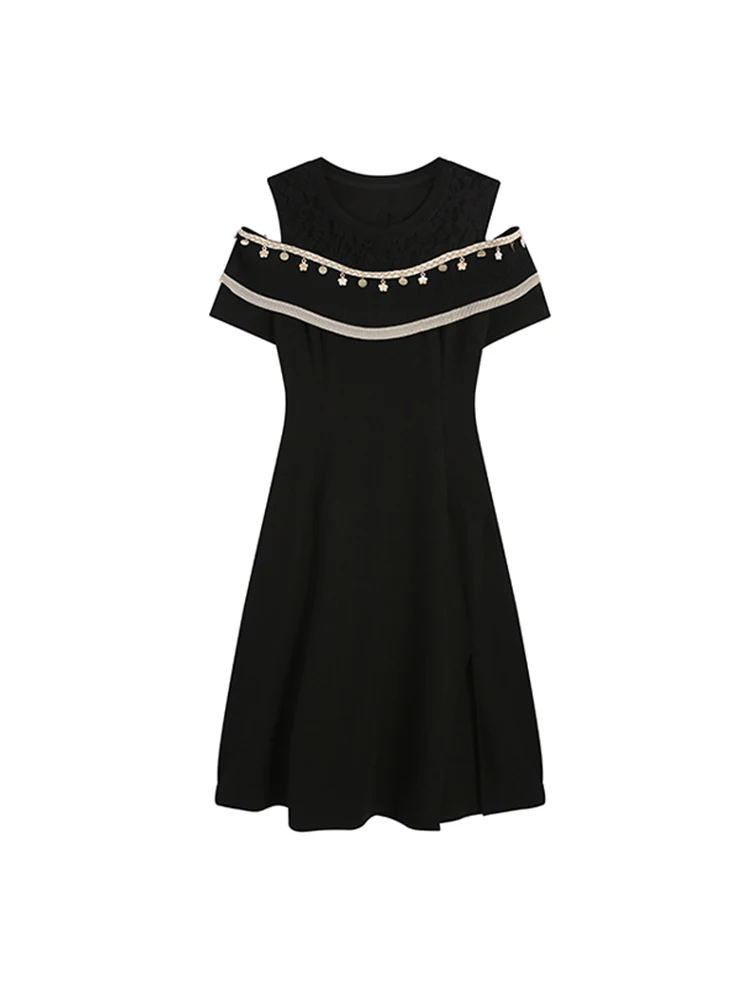 Abito da Damigella Taglie Forti per Donna, Nuovo Design Estivo, Linea A in Pizzo, Spalle Scoperte, Vita Alta, in Fibra di Poliestere, Lunghezza Midi...