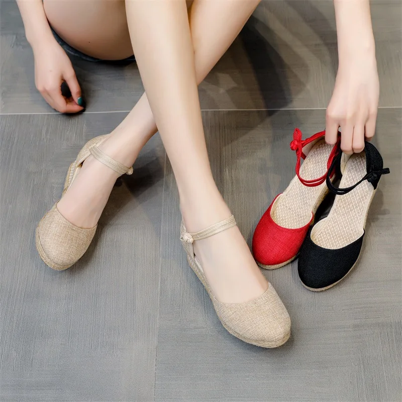 Women Fashion Shoes Sandals Casual Linen Clogs Wedge Sandials Summer Red Pink 6cm High Heel Platform Espadrilles Chunky Heels