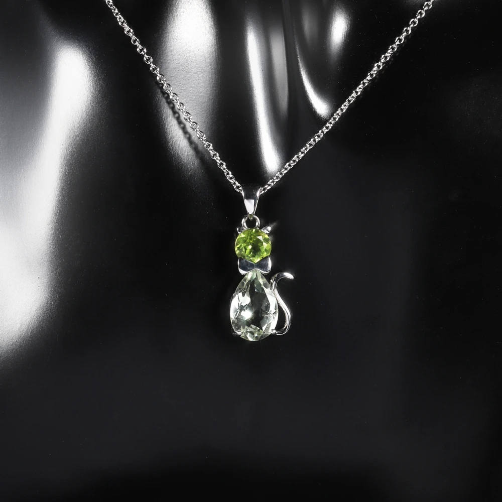 Gem's Ballet 925 Sterling Silver Green Amethyst Peridot Cat Necklace For Women Pandent With Chain 45cm Elegant Dropshipping