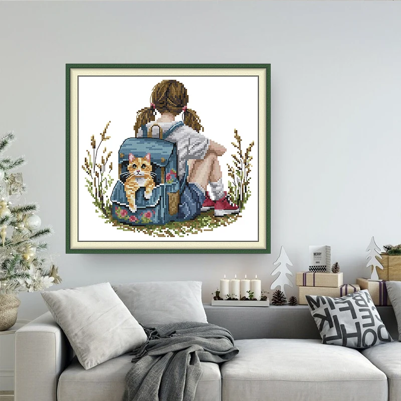 

Cross Stitch Kit The Girl and The Kitten Paintings Canvas Handmade Needlework Embroidery Set for Beginner Joy Sunday Gift