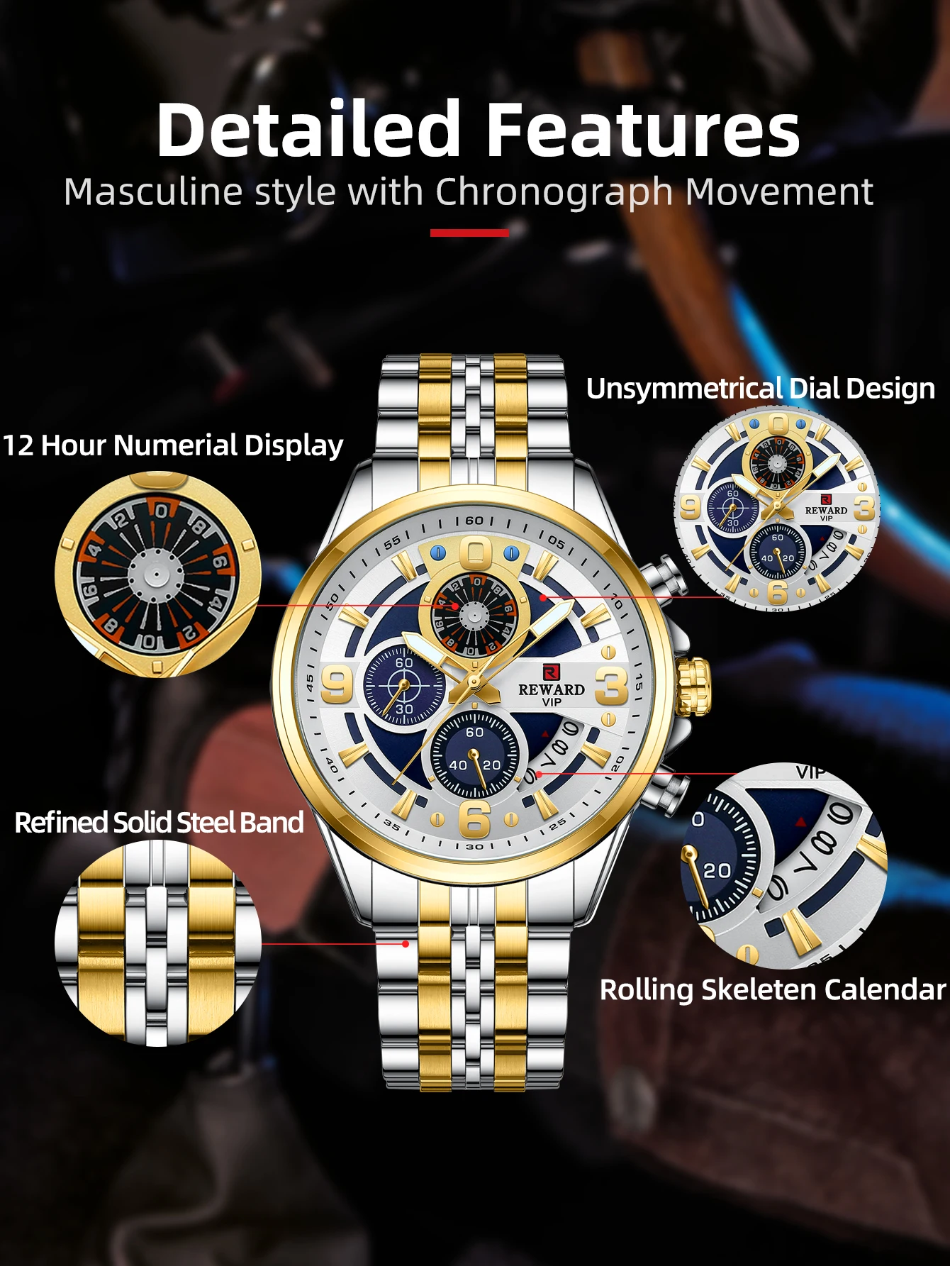 REWARD Design Quartz Wristwatch for Men Sport Waterproof Watches Stainless Steel Chronograph Luminous Wrist Watch