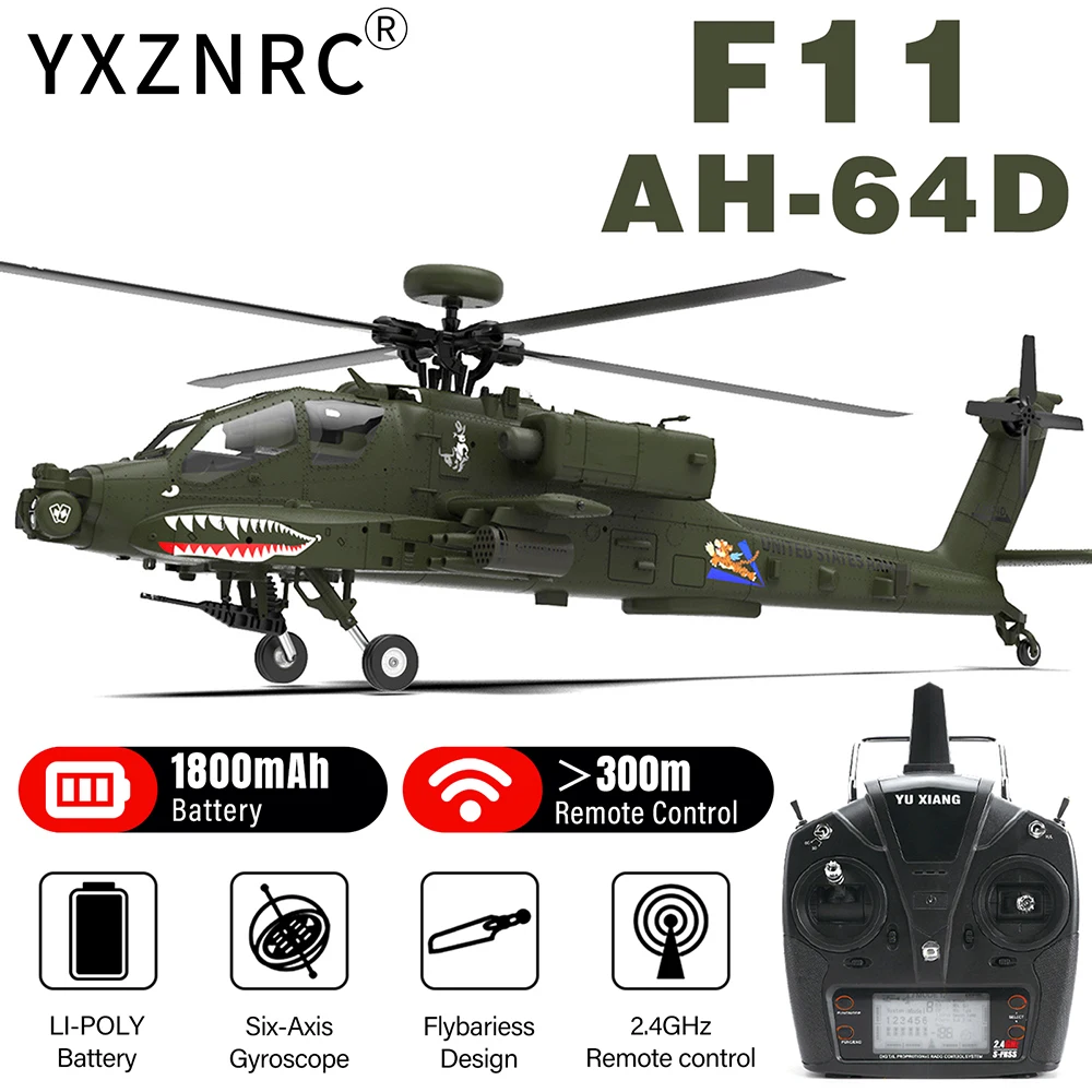 YXZNRC F11 AH-64D Apache RC Helicopter with 6-Axis Gyro 2.4G 6CH Brushless Motor 1:32 Scale Flybarless 3D RC Helicopter Model