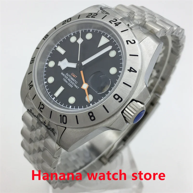 Мужские автоматические механические часы для дайвинга, 40 мм, механизм NH34A, стрелки GMT, 24 часа, фиксированный безель, сапфировое стекло, черный светящийся циферблат