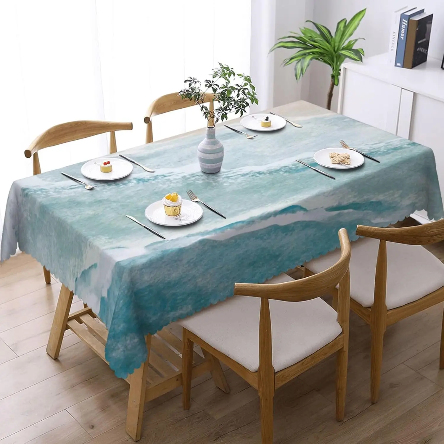 Beach Tablecloth Blue White Sea Ocean Waves Table Cover Wrinkle Resistant Nature Scenery Kitchen Dining Party Decoration