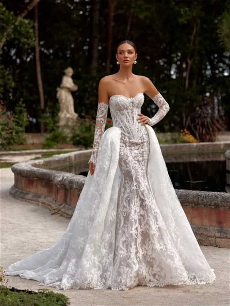 

Vestido De Novia Falda Desmontable Lace Wedding Dresses Boda 2 En 1 Corte Sirena Long Sleeve Corset Dress Curvy Bespoke Novias