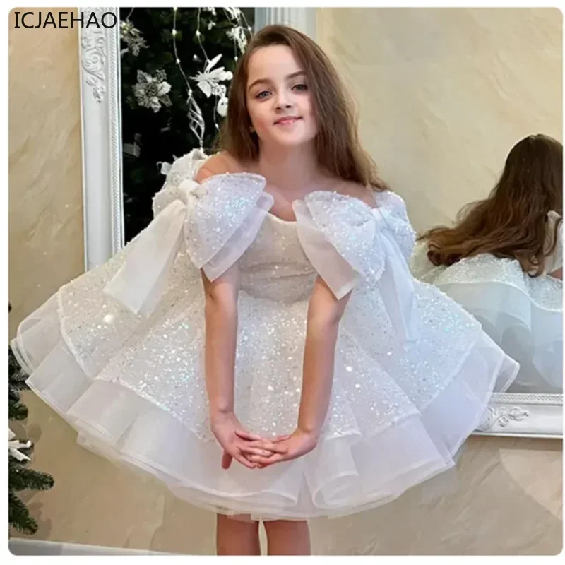 ICJAEHAO Lace Flower Girl Dresses Matching Baby Birthday Party Princess Outfits Luxury Sequined Fluffy Grand Event Kids Clothes