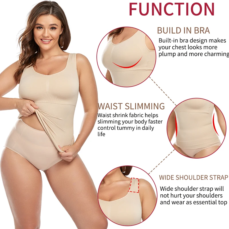 Built In Bra Shapewear Women Tank Top Tummy Control Padded Camisole Slimming Compression Undershirt Smooth Body Shaper Underwear