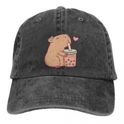 Cute Capybara Loves Bubble Tea Men Baseball Caps Adjustable Casual Cotton Sun Hats Unisex Dad Hats