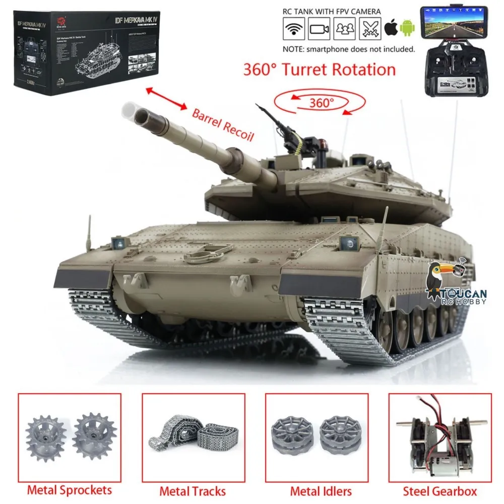 Char Heng Long 3958 RC 1:16 amélioré, IDF Merkava MK IV, véhicule militaire télécommandé FPV, pistes métalliques, moteur de conduite