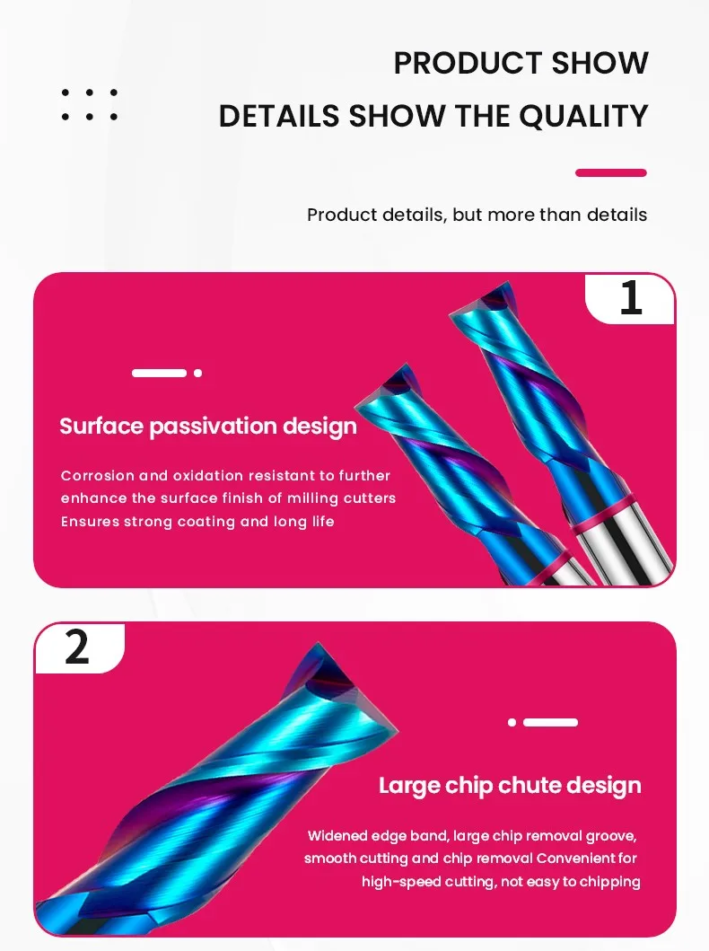 AZZKOR TGP-HRC70 2F Schaftfräser mit blauer Nano-Beschichtung, farbiger Ringmarkierung, aus Wolframstahl-Hartmetall, mit flachem Boden, für CNC-Maschinen. – Detail 12