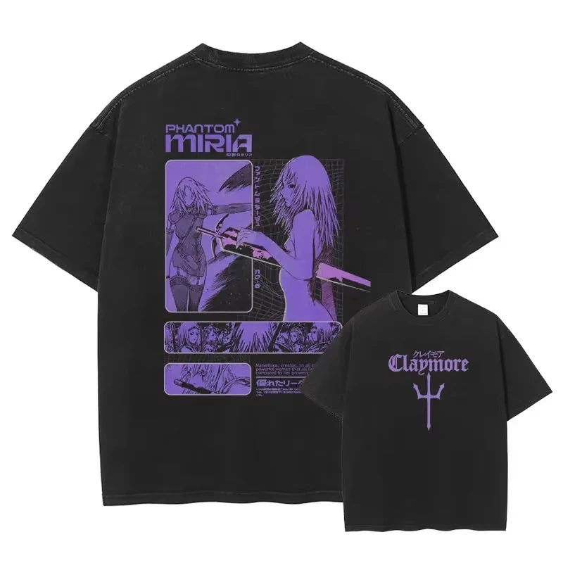 Claymore Graphic T‑Shirt Clare Vs Awakened Being Print Men Women Casual Short Sleeve Unisex Streetwear Vintage Washed Tees Tops