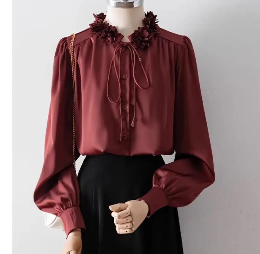 

ruffles collar women shirts lady long sleeve satin tops office lady wine red shirt