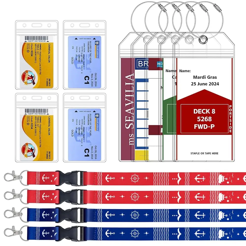 

Набор из 5 держателей для багажных бирок и 4 шнурков для круизных судов с водонепроницаемым держателем для ID-карты, необходимые аксессуары для круизов 2025 для N