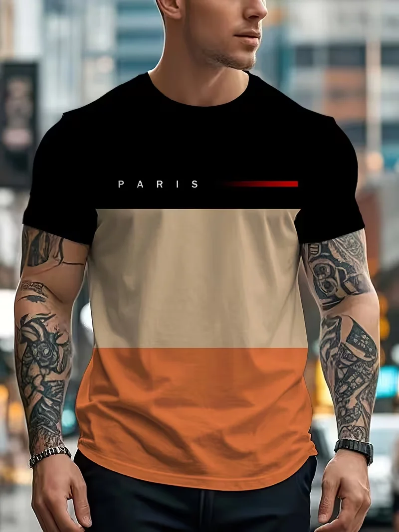 Mens T-shirt multi tone horizontal color block stripe thin line detail print short sleeve crew neck loose daily fashion tee