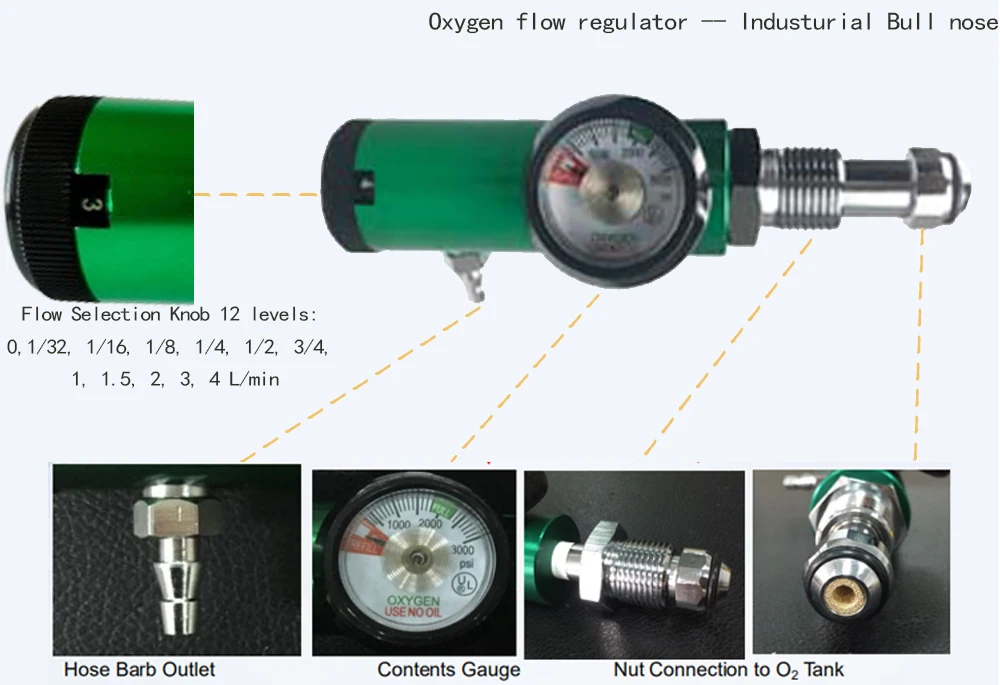 Bull Nose Oxygen Flow Regulator With Pressure Gauge For Oxygen Cylinder And Ozone Generator