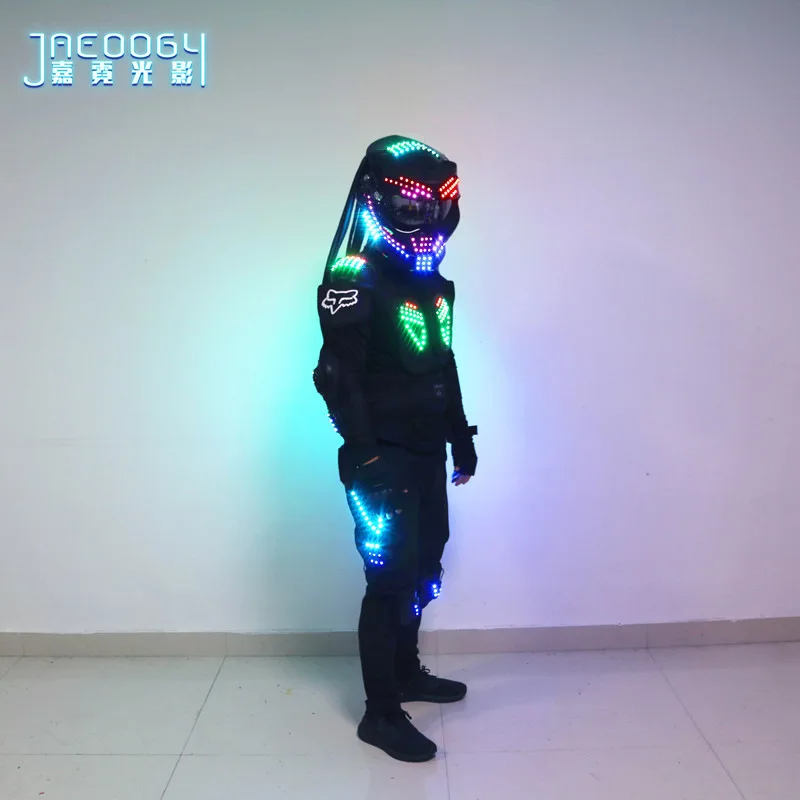 LED Kostüm Frauen leuchtend leuchten Raum Helm Leistung tragen Nachtclub Rave Outfit Halloween Cosplay Roboter verkleiden