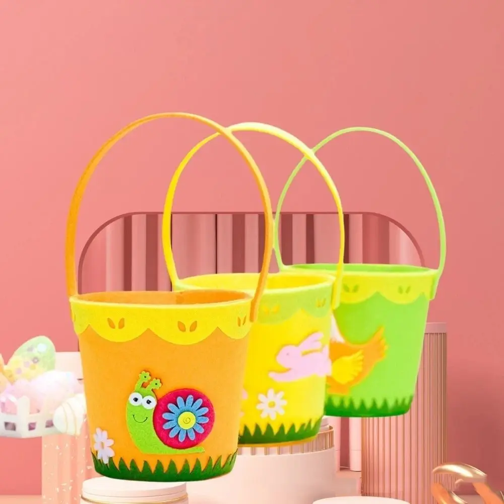 Cartoon Easter Felt Basket Colorful Soft Chicken Tote Bag with Handle Rabbit Snail Chicken Pattern Rabbit Egg Basket