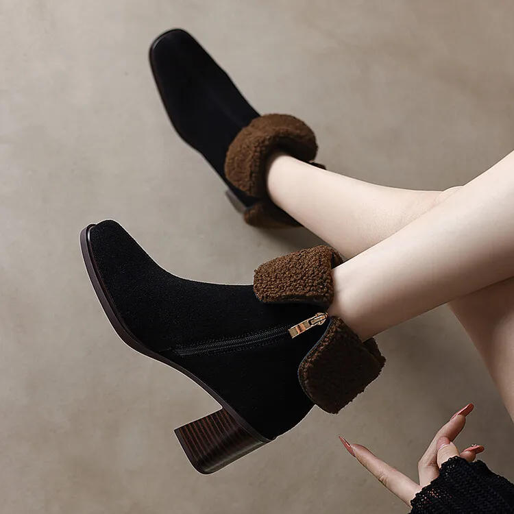 

Black Flock Women Warm Winter Boots 6cm Square High Heels Short Botas Side Zipper Brown Lady Botines Femmes Chaussure Mujer