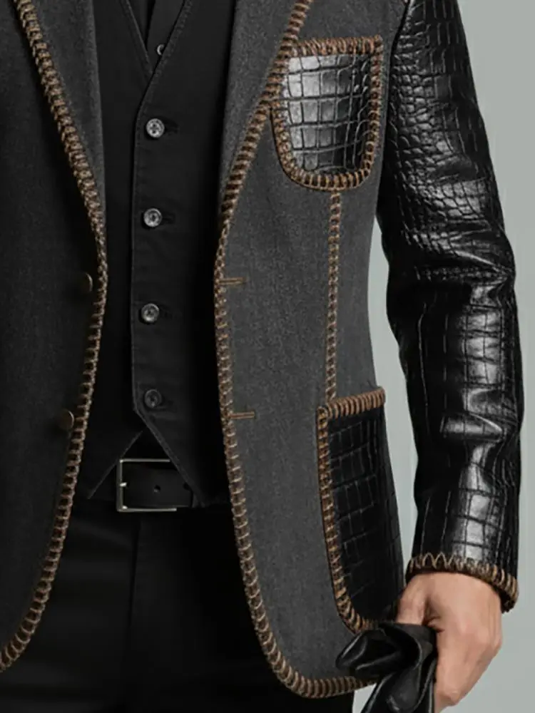 Men’s Tweed Croc Embossed Patchwork Faux Leather Blazer Vintage Black Peak Lapel Long Sleeve Business Outerwear Suit Jacket