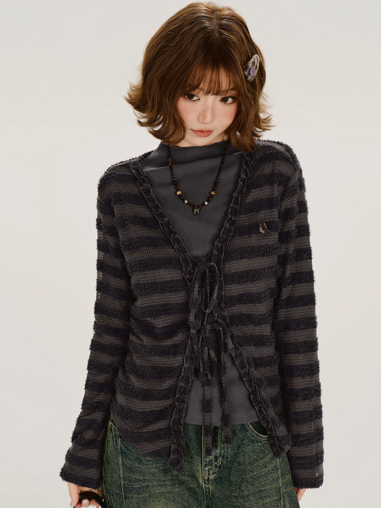Girlyhalo American Retro Striped Wooden  Bowed Knitted Open Cardigan Women's Autumn New Style Base Shirt Two-Piece Set
