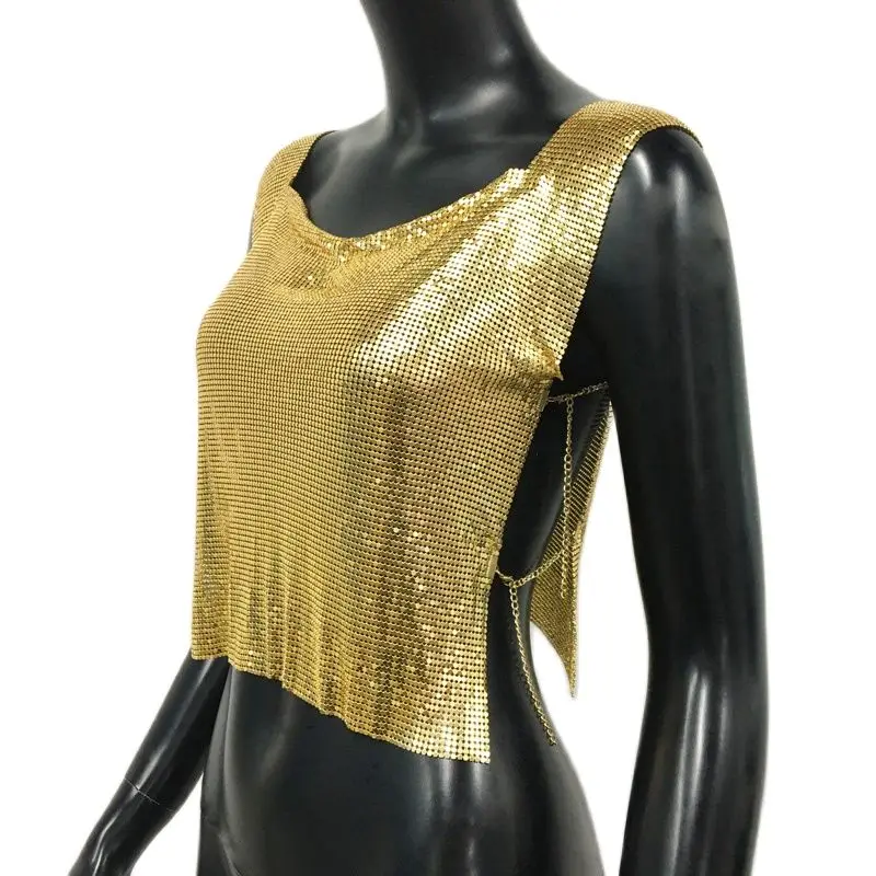 Kobiety Metal Sequins Crop Tops Sexy Hollow Out Sleeveless Backless Y2k Tank Tops Nightclub Party Rave Festival Camisole 2025 New