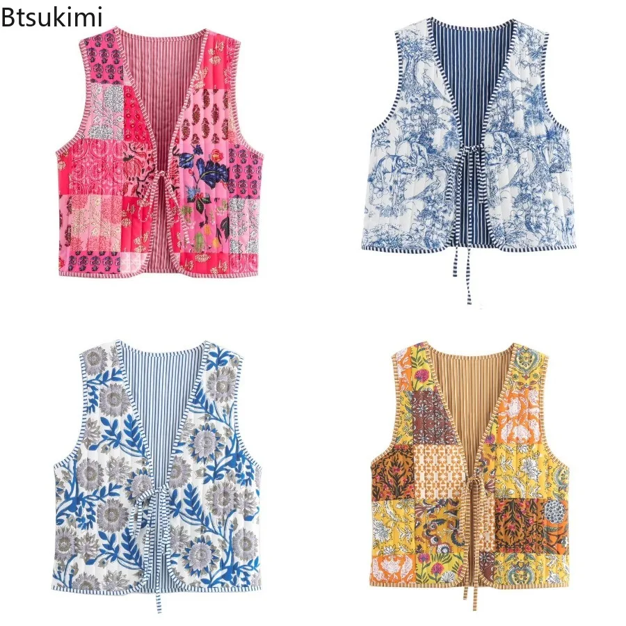 

2025 Autumn Winter Women National Style Sleeveless Patchwork Floral Print Quilted Vest Jacket Fashion Ladies Lace Up WaistCoat