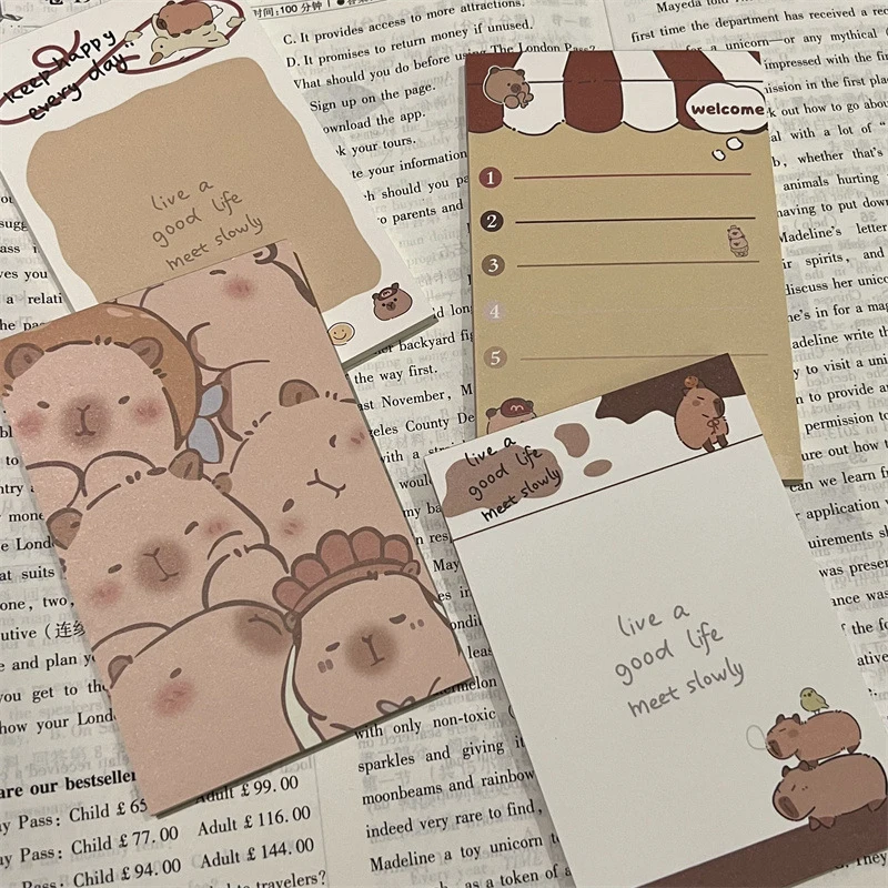 Bloc-notes de dessin animé mignon Capybara A7, papier à message Kawaii, liste de choses à faire des étudiants, notes scolaires, papeterie, ensemble de 4 nettoyage, 50 feuilles