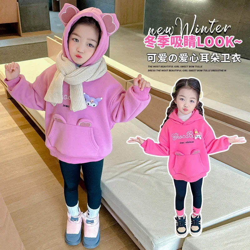 Sanrio Winter Kulomi Cute Warm Kids Top Melody Cartoon Casual Versatile Fleece Hooded Pullover Sweater