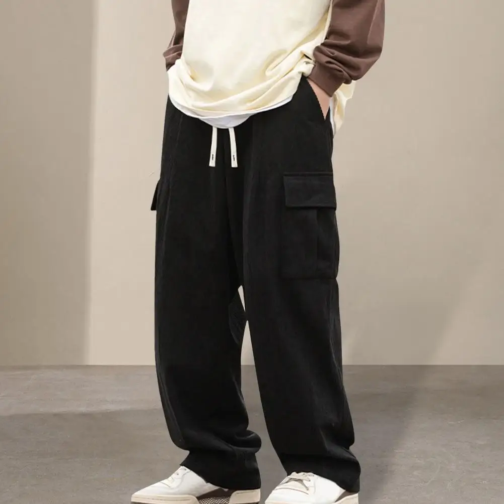 Мужские брюки с эластичной резинкой на талии, длинные брюки с регулируемым шнурком и карманами с клапанами, однотонные вельветовые брюки свободного покроя