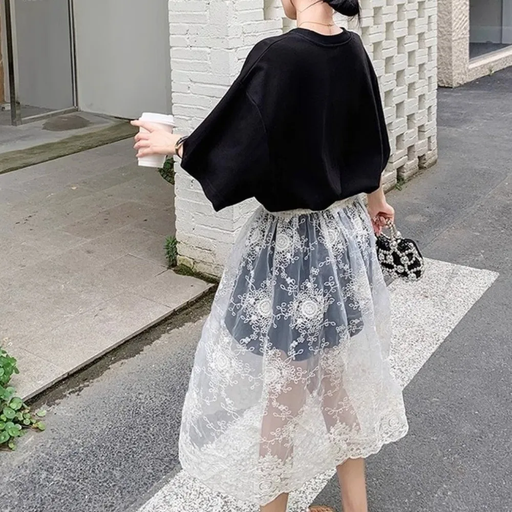High Waist Lace Underskirt Slips Sweet Long Safety Skirt Petticoat Transparent Embroidery Flower Mesh Underskirt Slips Dress