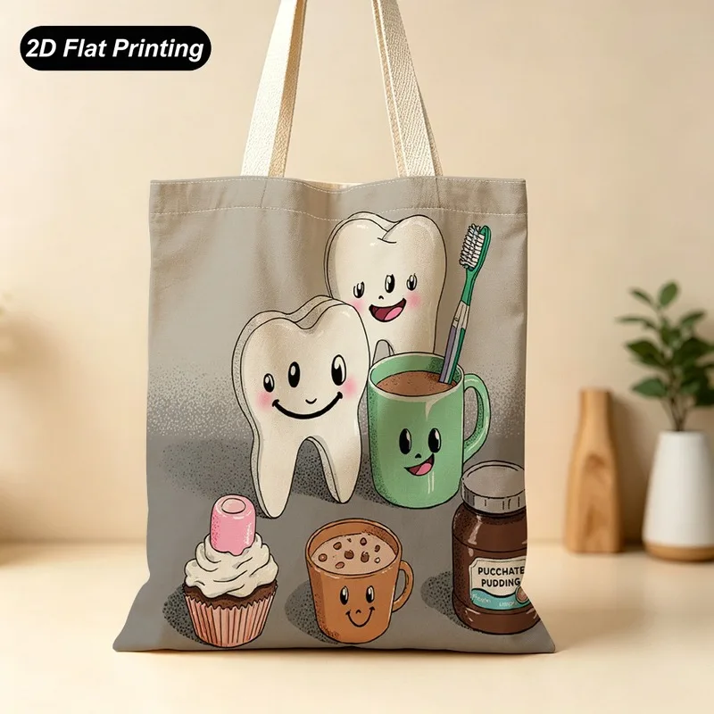 1PC【Tote Bag】New large-capacity tote bag，Cartoon smiling teeth childlike cup print，2DFlat effect，Size15.7in*13.8in，Suitable