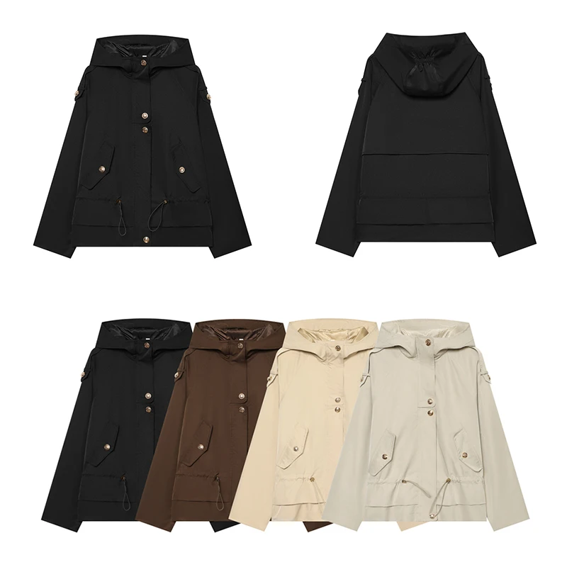 Guobioziy Women's Hooded Jacket 2026 Spring＆Autumn New Model Solid Color with Zipper＆Stud Design European Casual Fashion Trend