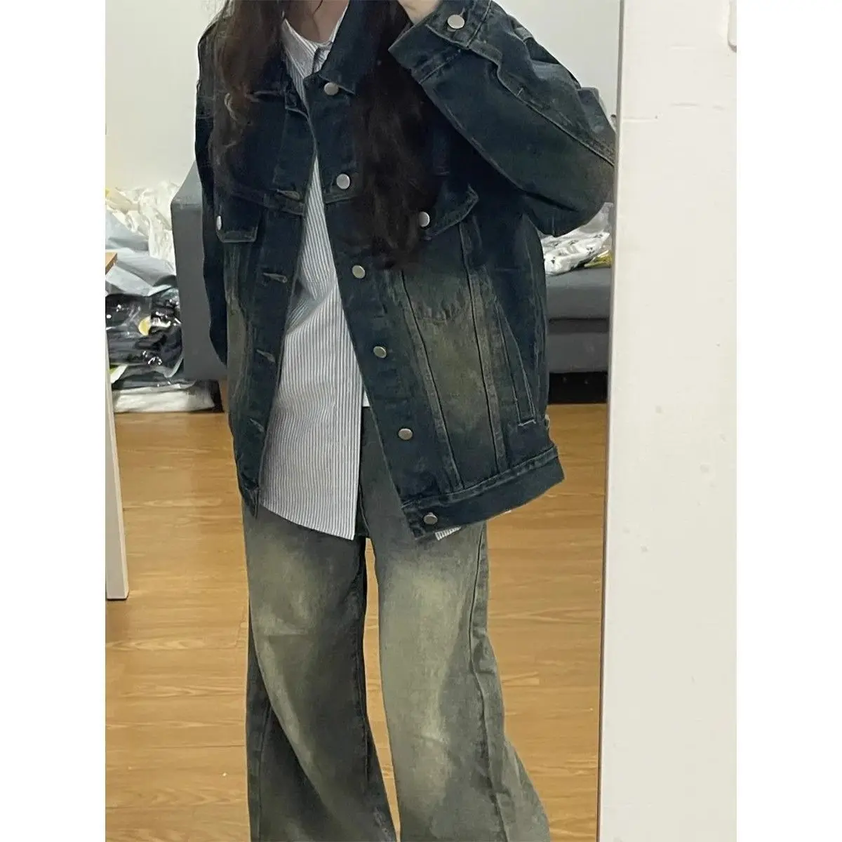 

Джинсовые пальто для женщин, женские осенние лоскутные двубортные укороченные негабаритные студенческие минималистичные плиссированные молодые пальто на шнурке на каждый день