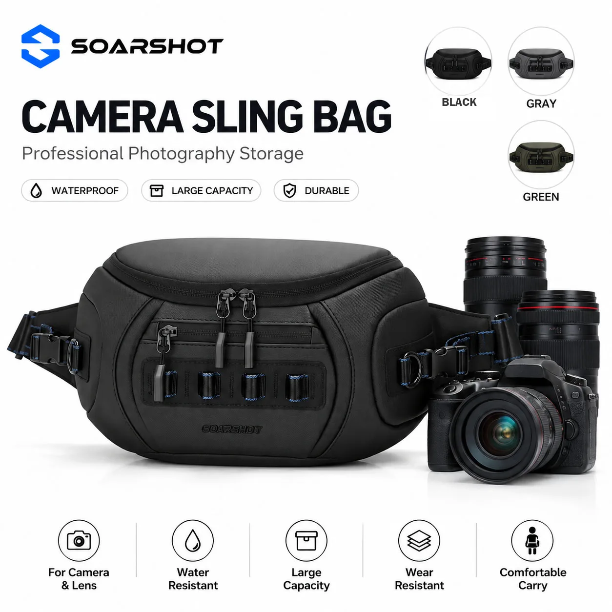 SOARSHOT Waterproof Camera Sling Bag Men Chest Pack Shoulder Bag for Mirrorless Camera Lens Travel Photography Storage Bag