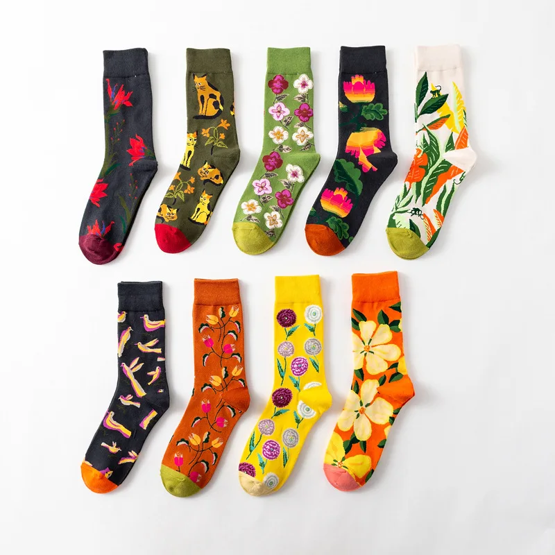 Chaussettes en coton pour femmes, 1 paire, dessin animé, pieuvre fleur plante Kawaii drôle décontracté, bonneterie Streetwear Harajuku d'équipage Sox