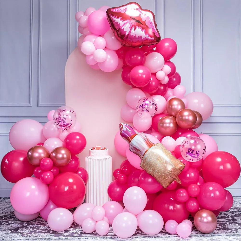 132Pcs Hot Pink Rosered Balloon Lip Foil Balloons Garland Arch Kit Makeup Party Girl Princess Birthday Valentine's Day Decor