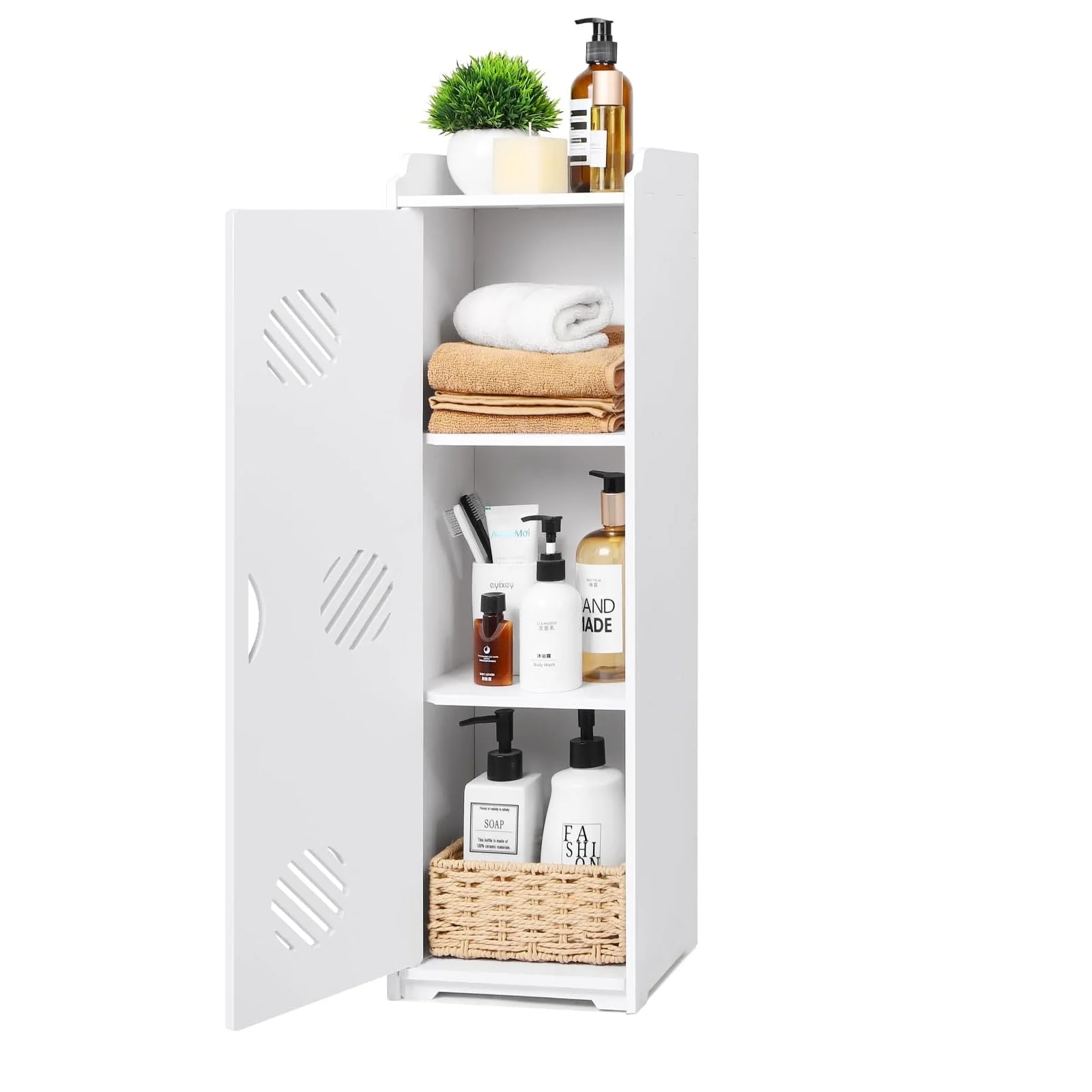 Zimmerbodenschrank, seitlicher Aufbewahrungsschrank, freistehender Aufbewahrungsschrank, Eckschrank mit Tür und Auszüge, Hausgarderobe, Weiß