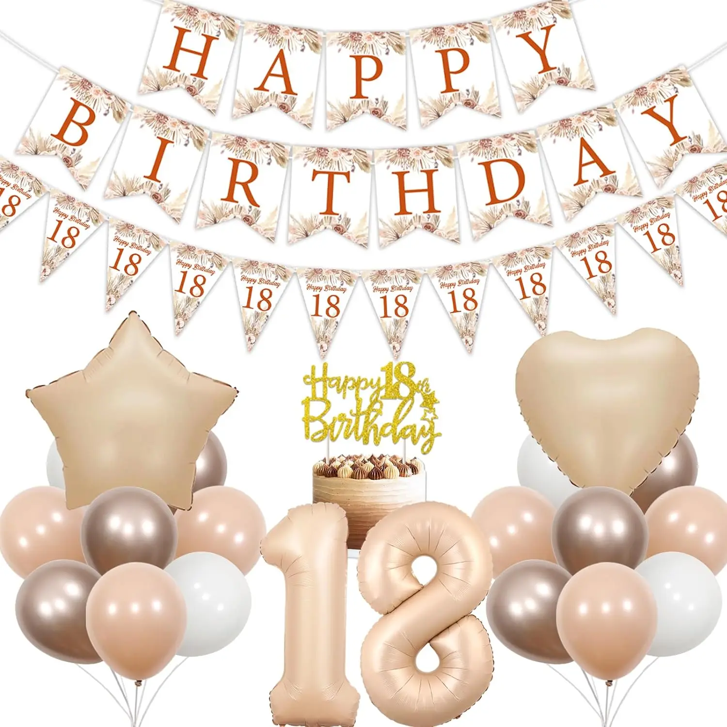 

18th Birthday Decor Cream Happy Birthday Banner Flags Bunting Cake Topper Star and Heart Balloons for 18 Year Old Birthday