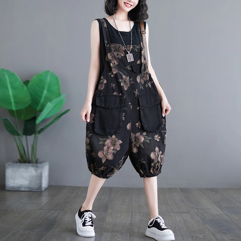 Vintage Print Floral Black Jean Playsuit Women Casual Streetwear Loose Wide Leg Shorts New Denim Short Jumpsuits Straps Overalls