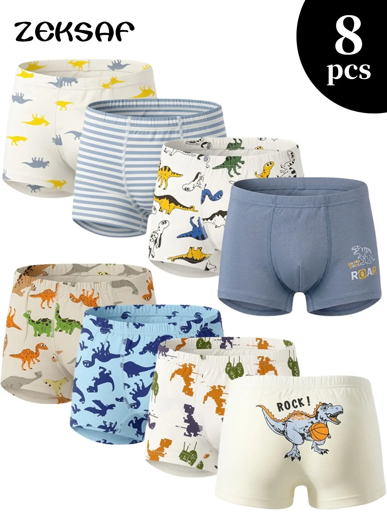 Kids Boys Underwears 8 Pack, 95% Cotton Ultra Soft Boxer Briefs With Non-Roll Waistband, Fun Cartoon Dinosaur Print Underpants For School/Daily Play