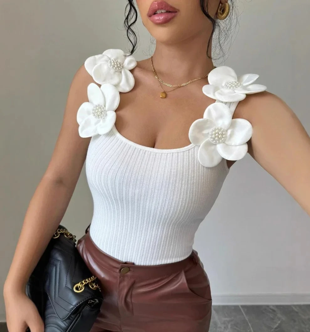 

Summer Lady Zircon Flower Decor Slim Pit Knitted Tank Camis Tops Lady Ruffle Y2k Slim