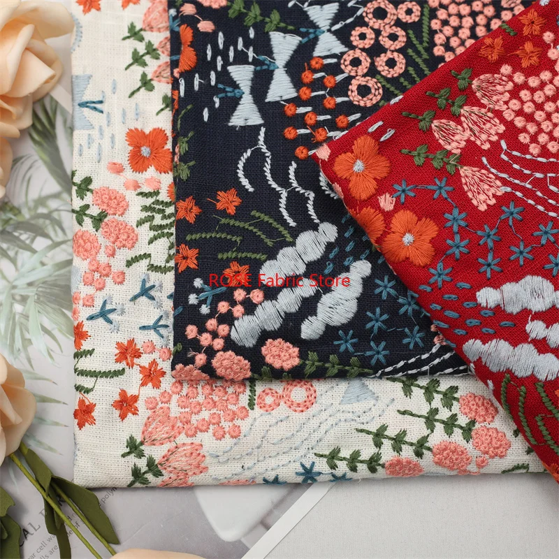 Colorful Flower Embroidery Slub Cotton Linen Fabric For Dress, DIY Manual Bag Tablecloth Pillow,  table cover, costumes design