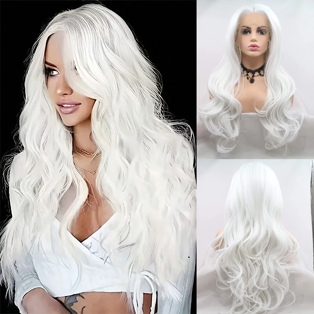 

Platinum White Wave Hair Synthetic Lace Front Wigs with Natural Hairline Heat Fiber Lace Front Wigs Cosplay Daily Women Use