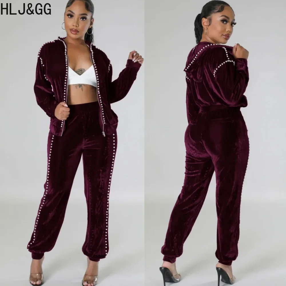 

HLJ&GG Autumn Fashion Velvet Pearls Hooded Two Piece Sets Women Zip Long Sleeve Coats+Jogger Pants Tracksuit Female 2pcs Outfits